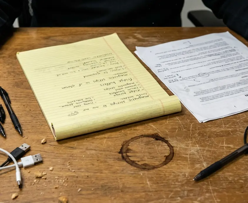 Editorial desk with notes and drafts reveals a chaotic creative process