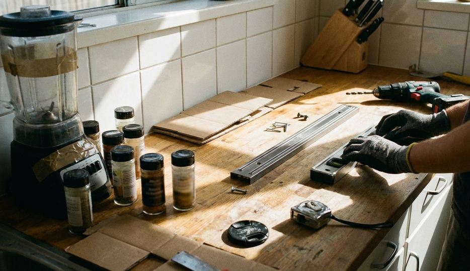 Content creation workspace, clean aesthetic, documenting a kitchen counter organization project