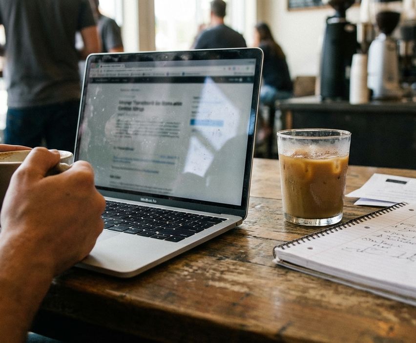 Coffee shop working environment showing a smudged MacBook screen displaying a WordPress draft titled Farmers