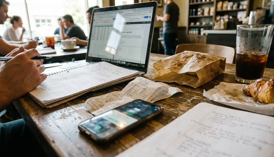 Coffee shop working environment showing a smudged laptop screen displaying the Convenience Factor draft text