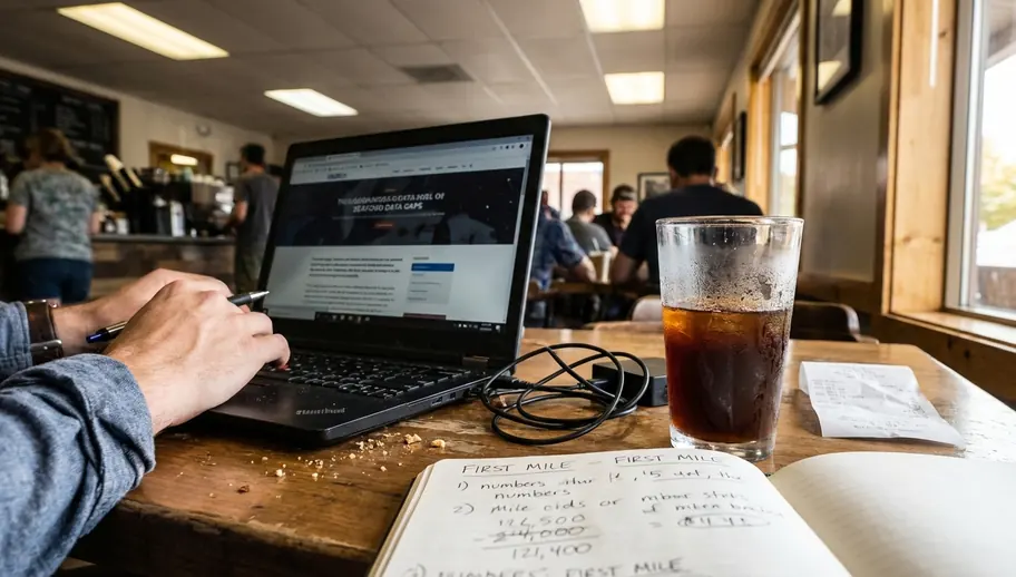 Coffee shop working environment featuring a smudged laptop screen displaying a WordPress draft about seafood