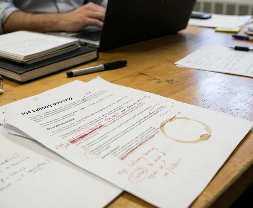 Editorial desk with notes and drafts scattered across a scratched surface