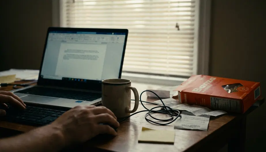 Home office writing setup with laptop open to a WordPress editor showing the Delivery Logistics