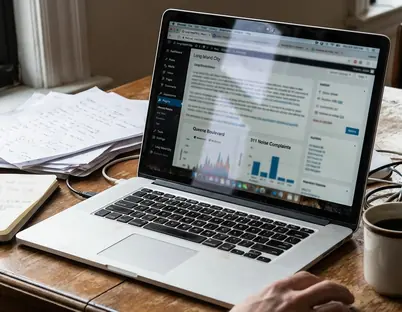 Home office writing setup with laptop displaying a WordPress draft titled Long Island City