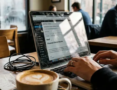 Coffee shop working environment featuring a smudged laptop screen displaying a WordPress draft about Manhattans