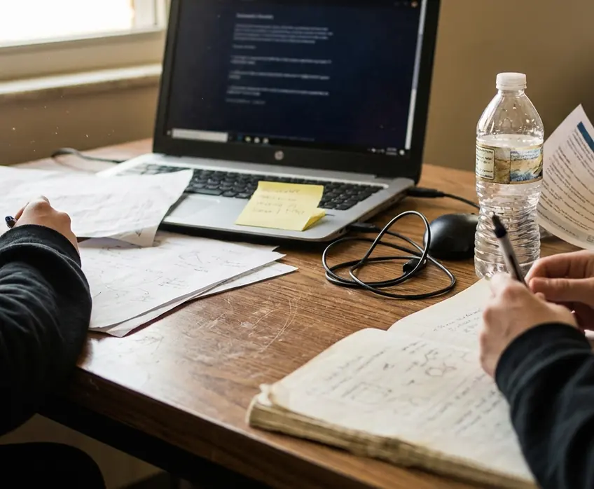 Editorial desk with notes and drafts, featuring a crumpled printout detailing Zone 1 temperature logs